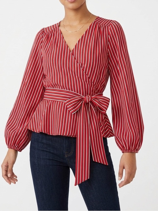 hinge Tops - HINGE Striped Wrap Blouse Tie Bow Waist Red & White Stripe Puff Long Sleeve Top